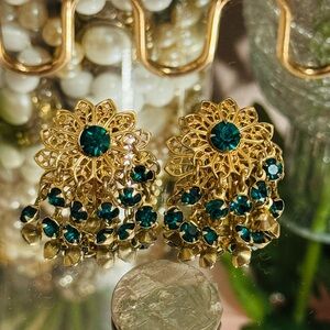 Vintage Filagree Gold and Green Rhinestone Earrings